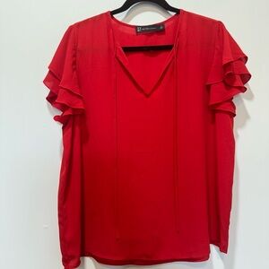 New York & Company Red Ruffle Sleeve Tie-Front V-Neck Blouse | Size Large